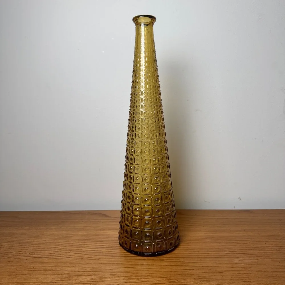 Vintage Tall Empoli Genie Amber Glass Bottle Decanter Italy Vase Embossed MCM‎